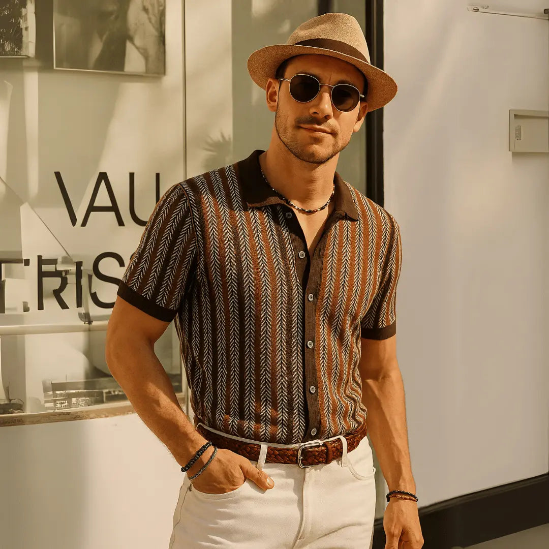 Men's Retro Patterned Button-down Polo Shirt With Short Sleeves
