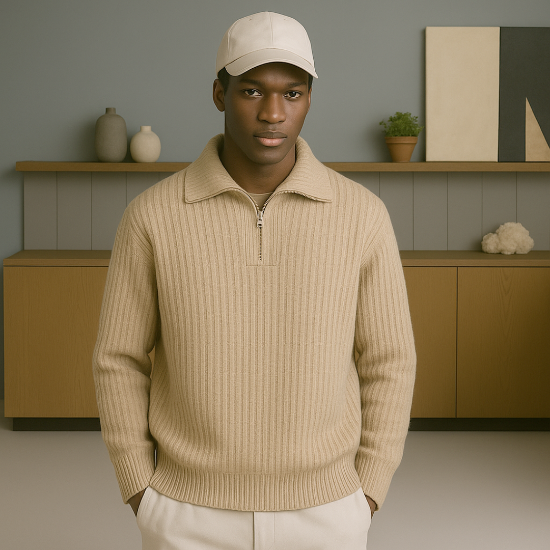Cashmere Half-Zip Sweater for Men – Luxurious Softness, Relaxed Fit, Durable Rib Structure