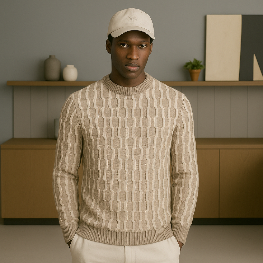 Cashmere Sweater for Men with Relief Pattern – Lightweight Round Neck Design, Elegant and Comfortable