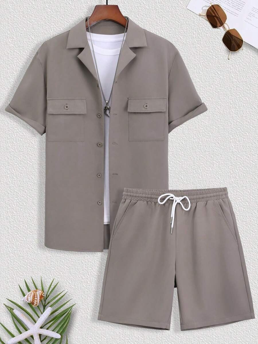 Casual Pocket Set with Short-Sleeve Shirt & Drawstring Shorts