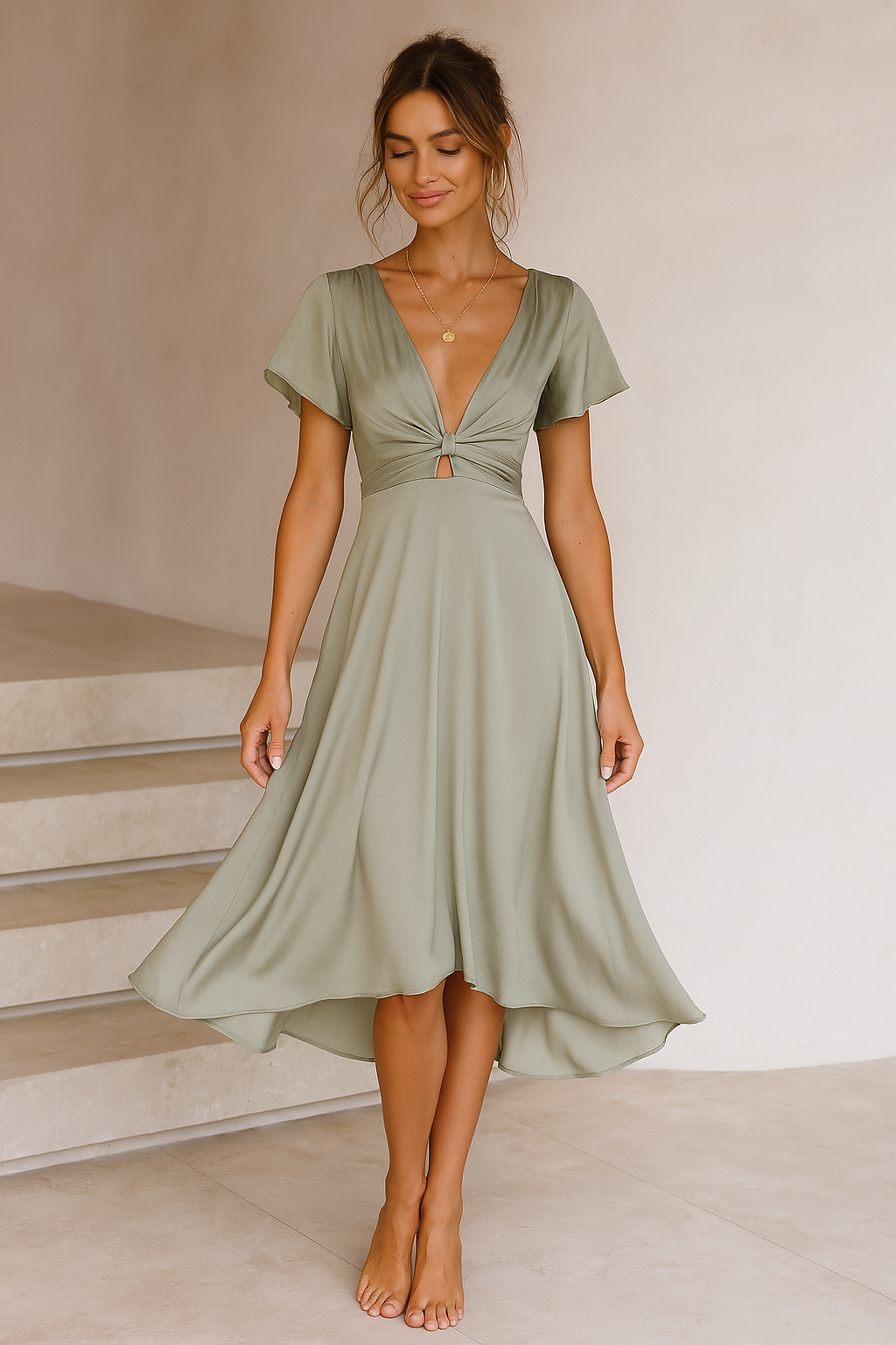Women's Summer Midi Dress With V-neck And Tie Back