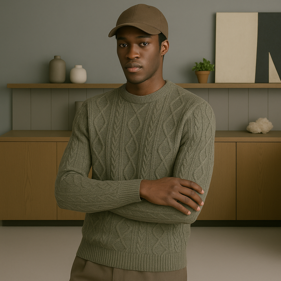 Classic Cashmere Cable Knit Sweater for Men – Round Neck, Ribbed Details, Timeless Fit, 100% Cashmere
