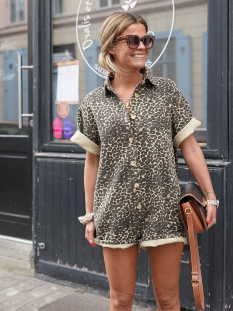 Women's Cheetah Print Short Sleeve Romper With Button Front