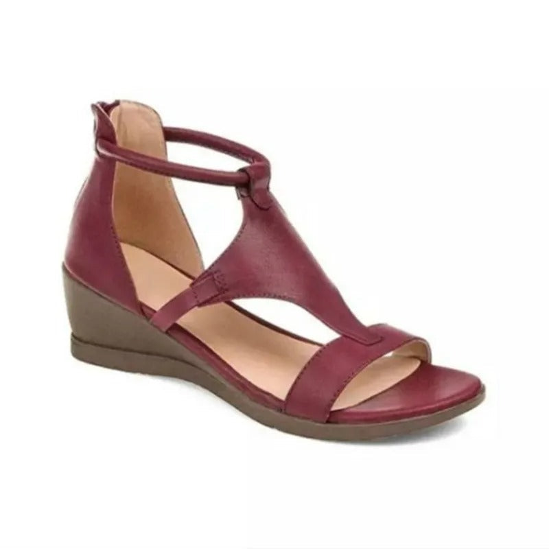 Women's Leather Wedge Heel Sandals With Open Toe