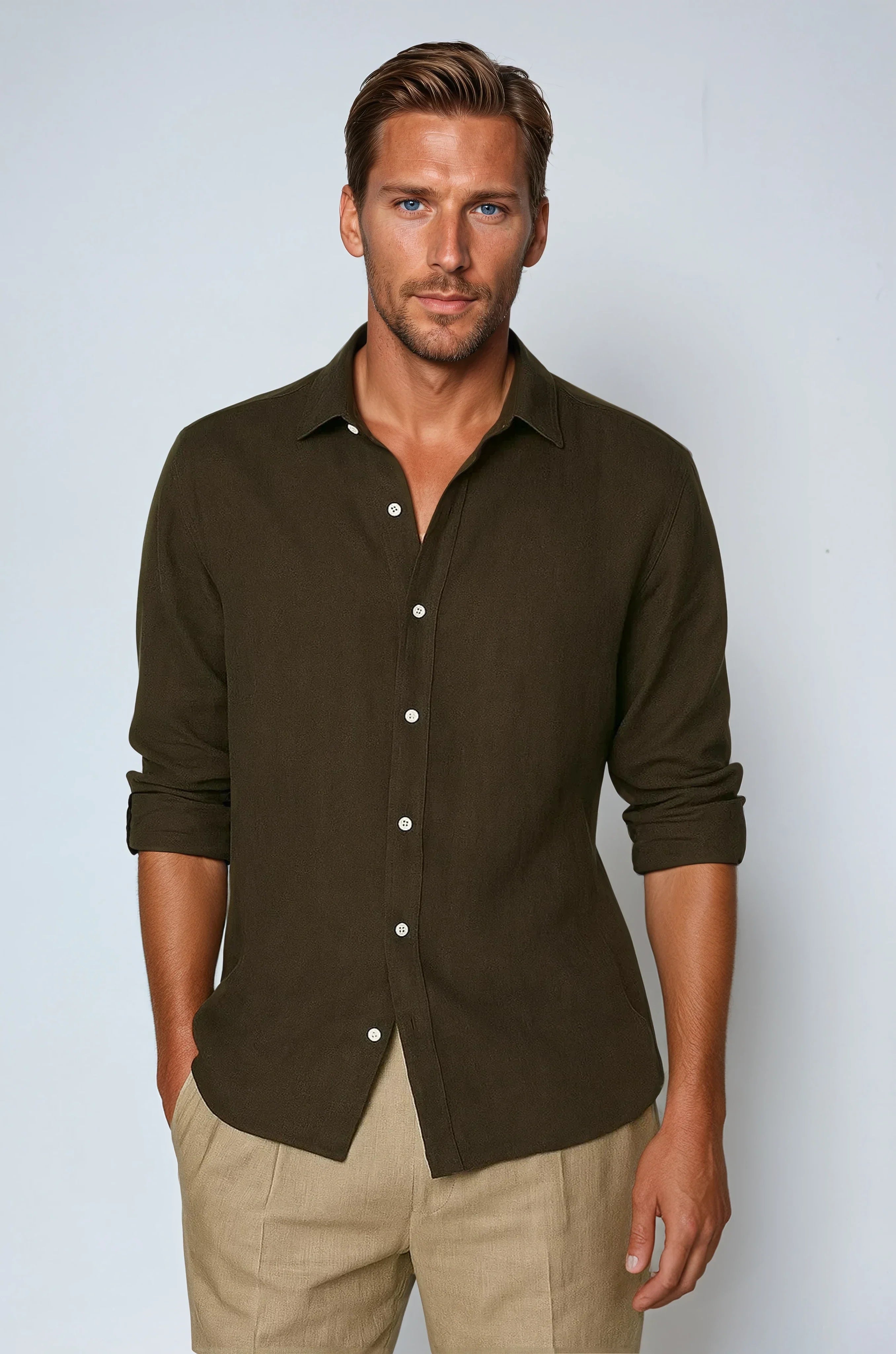Dark Brown Linen Button-Up Shirt for Men