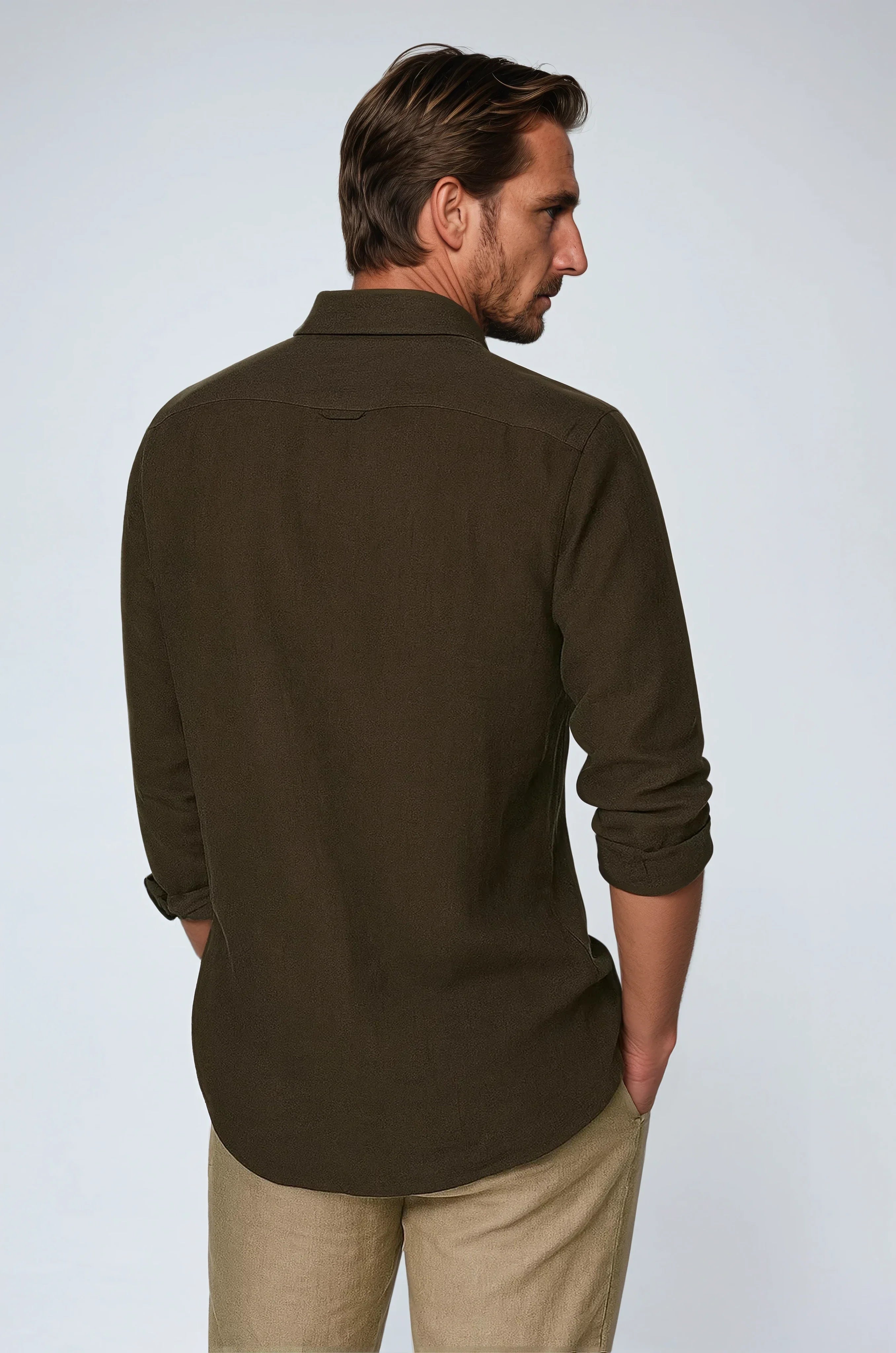 Dark Brown Linen Button-Up Shirt for Men