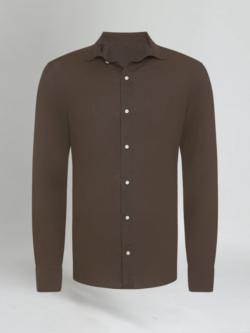 Dark Brown Linen Button-Up Shirt for Men