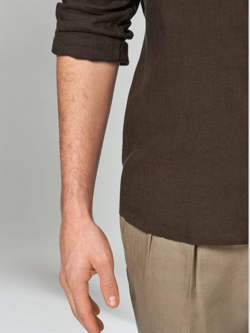 Dark Brown Linen Button-Up Shirt for Men