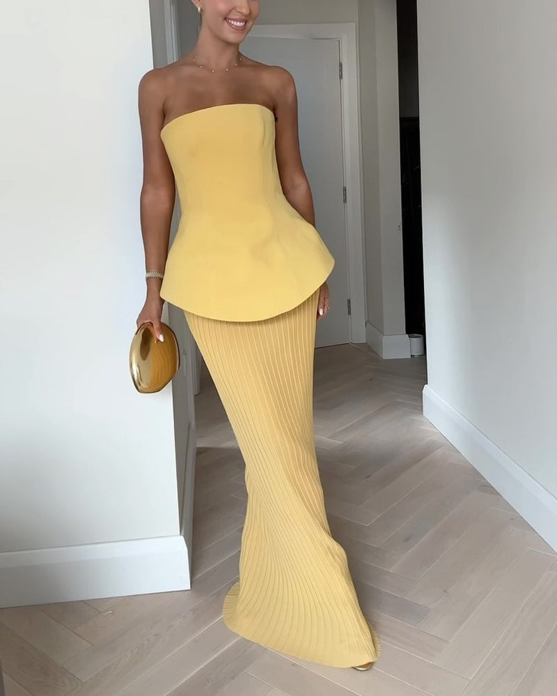 Women's Strapless Maxi Dress With Peplum Top & Textured Skirt