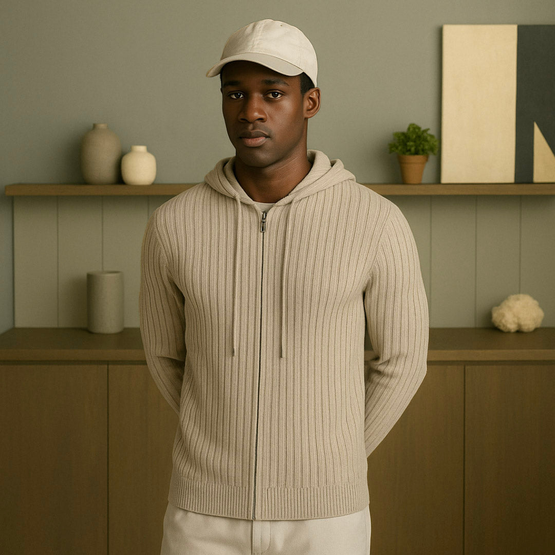 Elegant Cashmere Hoodie with Full Zipper and Adjustable Drawstring – Luxurious Ribbed Design for Men