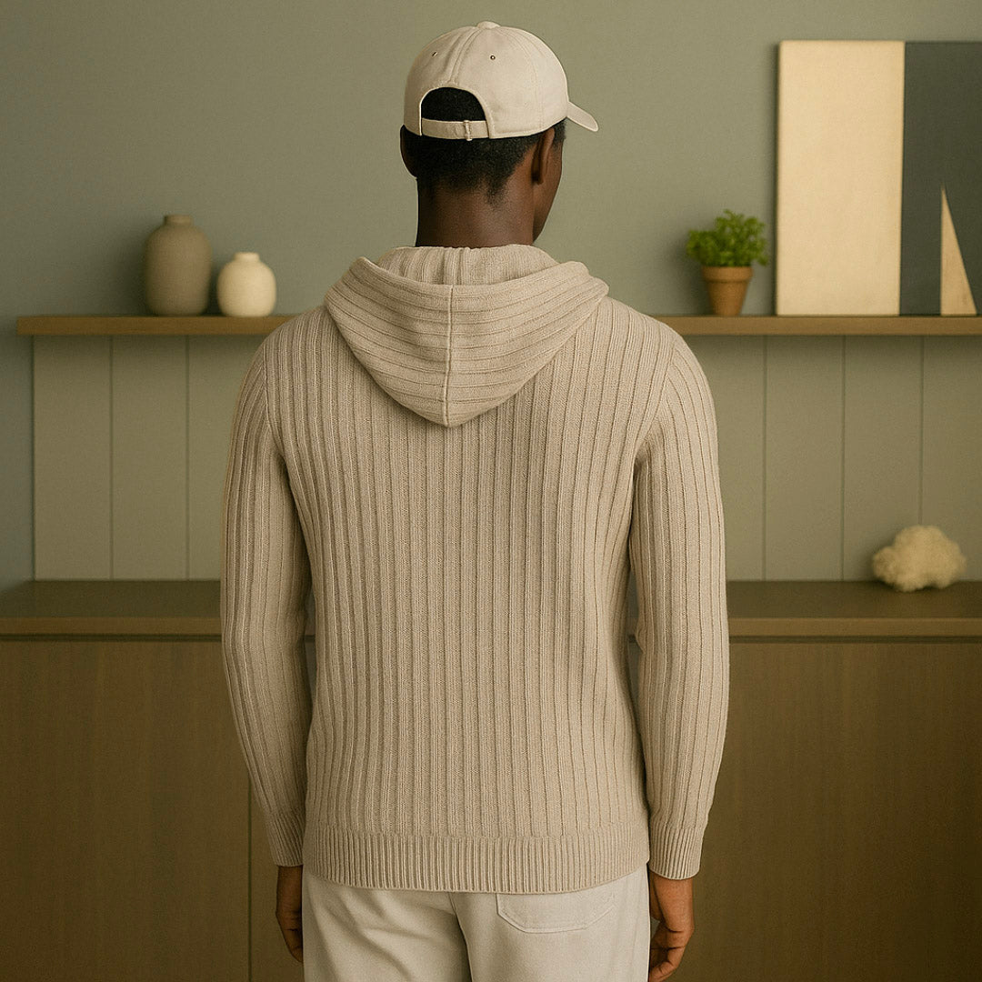 Elegant Cashmere Hoodie with Full Zipper and Adjustable Drawstring – Luxurious Ribbed Design for Men