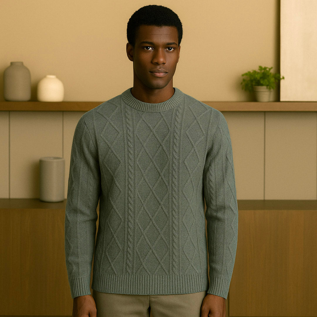 Elegant Cashmere Sweater for Men, Diamond Cable Knit, Classic Round Neck, Soft and Breathable