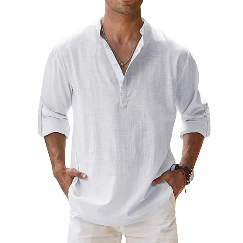 MEN'S LINEN CASUAL SHIRT WITH LONG SLEEVES AND HENLEY NECK