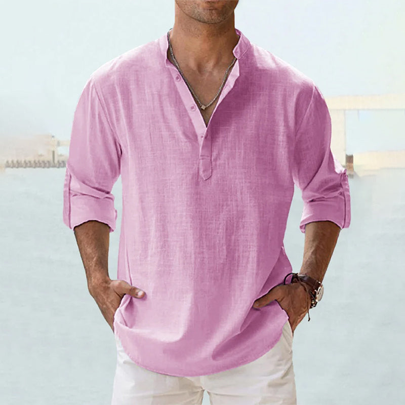 MEN'S LINEN CASUAL SHIRT WITH LONG SLEEVES AND HENLEY NECK