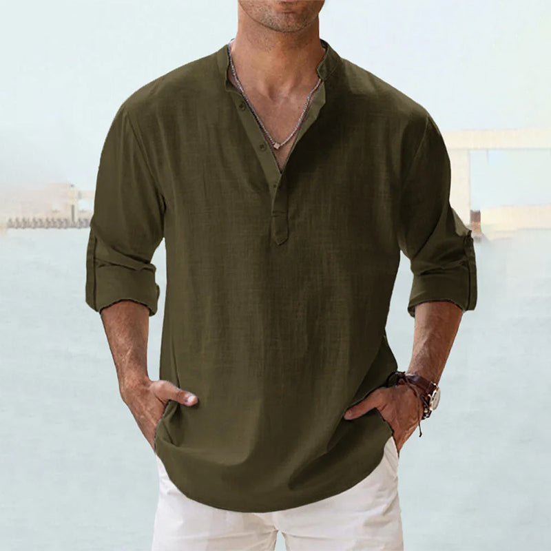 MEN'S LINEN CASUAL SHIRT WITH LONG SLEEVES AND HENLEY NECK
