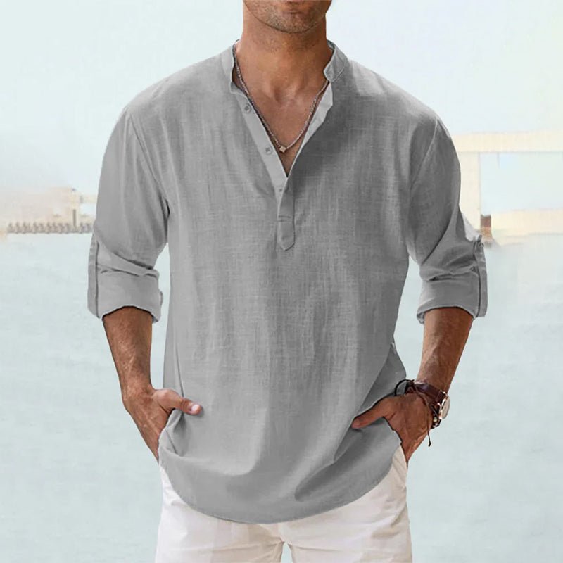 MEN'S LINEN CASUAL SHIRT WITH LONG SLEEVES AND HENLEY NECK