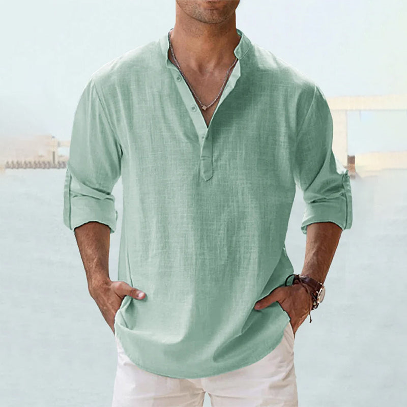 MEN'S LINEN CASUAL SHIRT WITH LONG SLEEVES AND HENLEY NECK