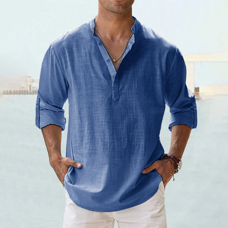 MEN'S LINEN CASUAL SHIRT WITH LONG SLEEVES AND HENLEY NECK
