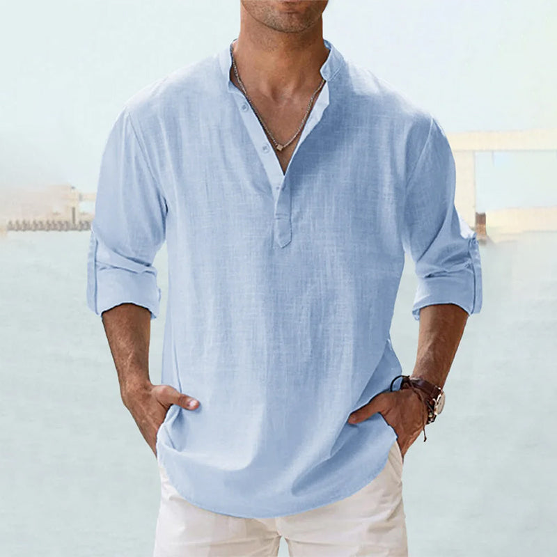MEN'S LINEN CASUAL SHIRT WITH LONG SLEEVES AND HENLEY NECK