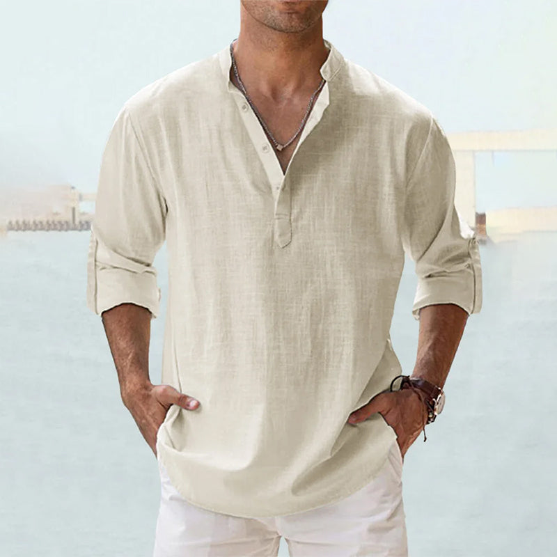 MEN'S LINEN CASUAL SHIRT WITH LONG SLEEVES AND HENLEY NECK