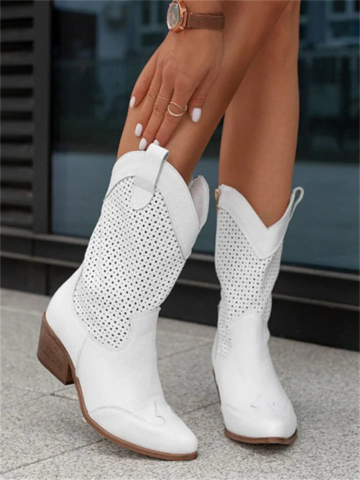 WOMEN'S LEATHER COWBOY BOOTS WITH CUTOUT DESIGN
