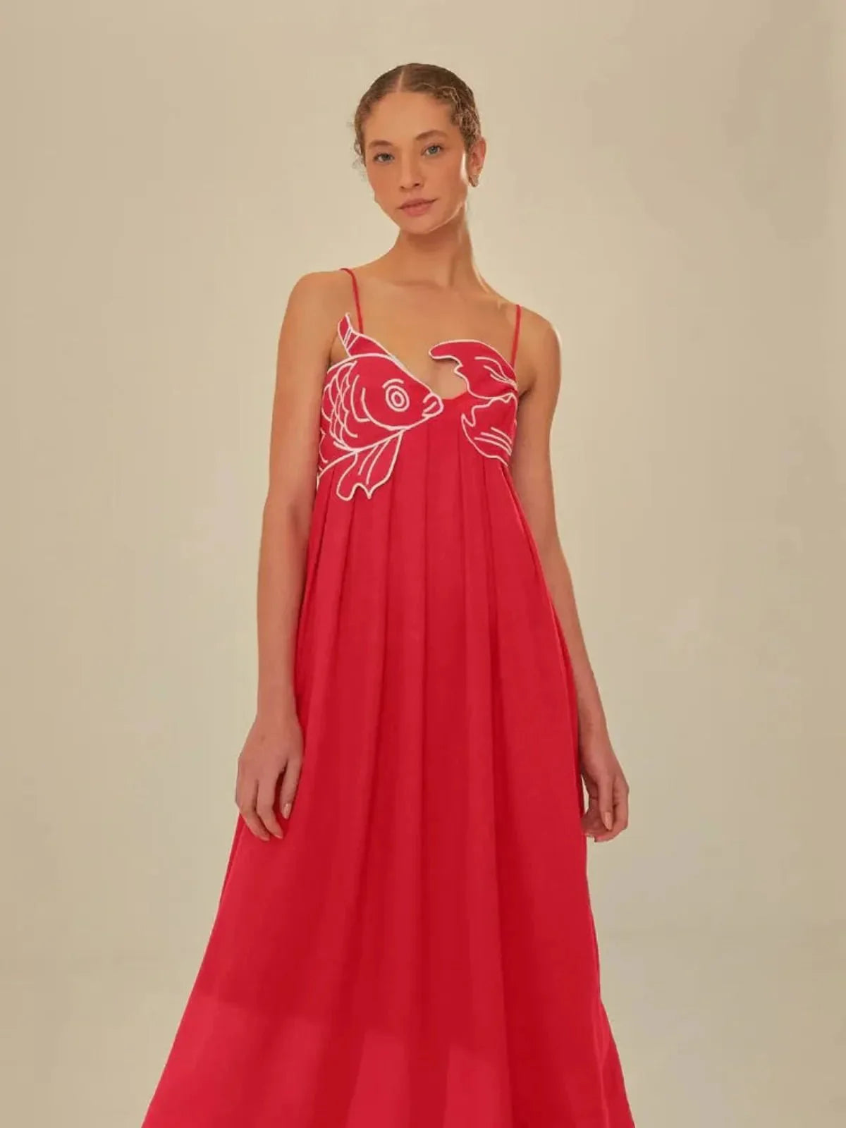 Women's Embroidered Fish Cami Maxi Dress With Semi-sheer Fabric
