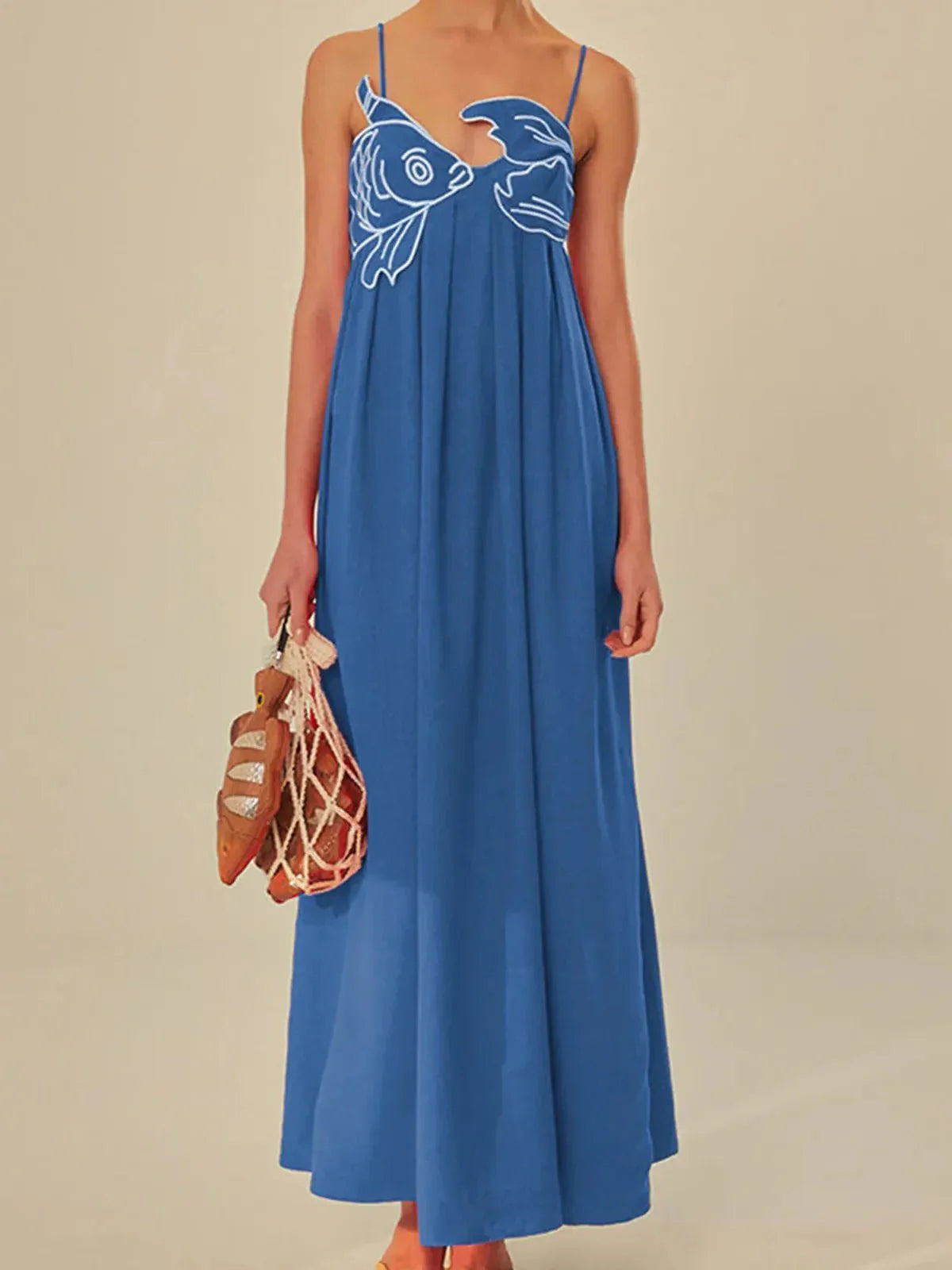 Women's Embroidered Fish Cami Maxi Dress With Semi-sheer Fabric