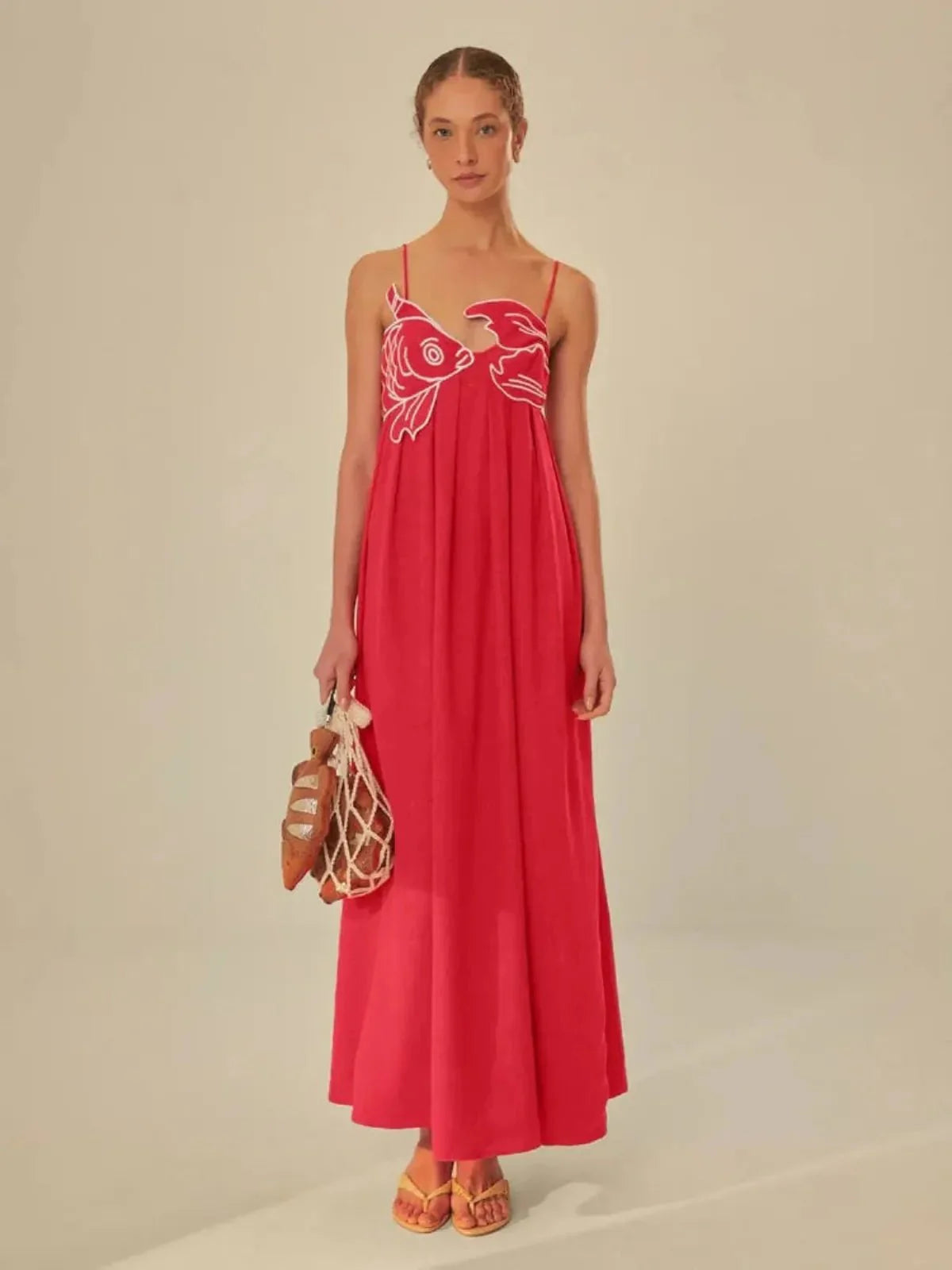 Women's Embroidered Fish Cami Maxi Dress With Semi-sheer Fabric
