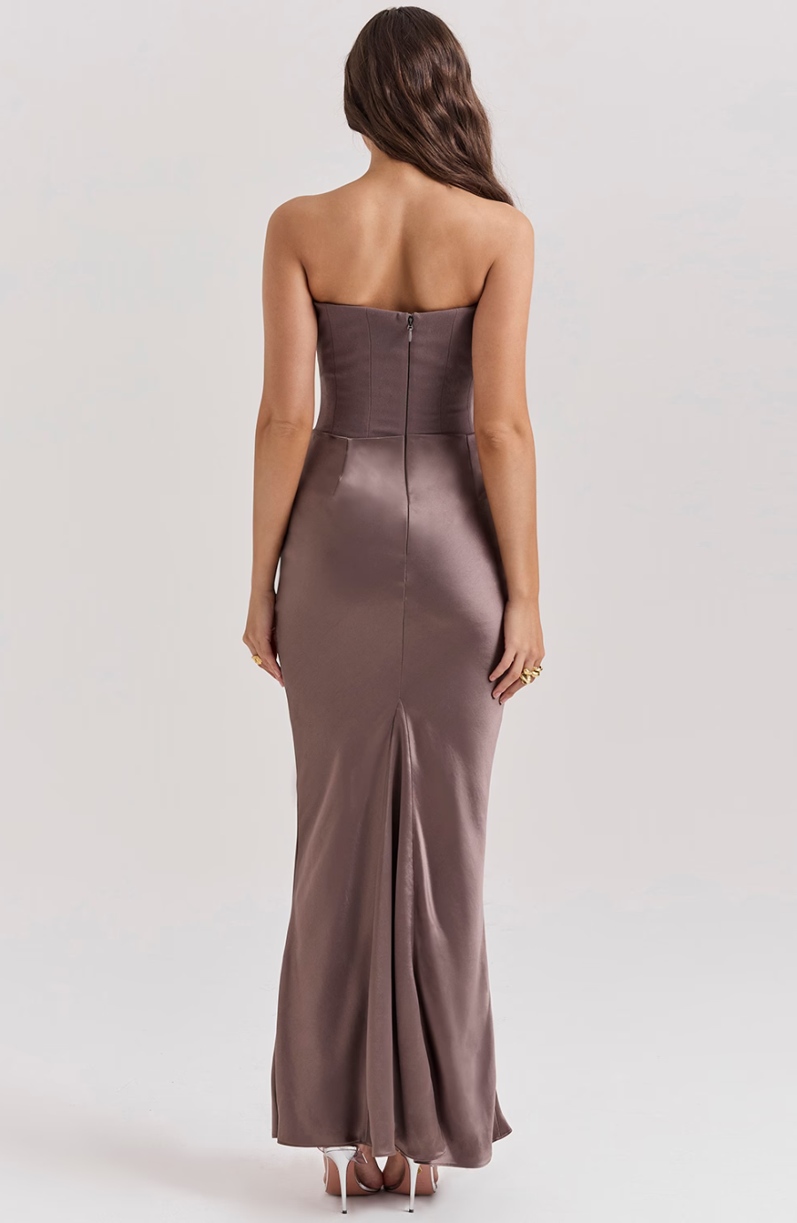 STRAPLESS CORSET SATIN WEDDING GUEST MAXI DRESS