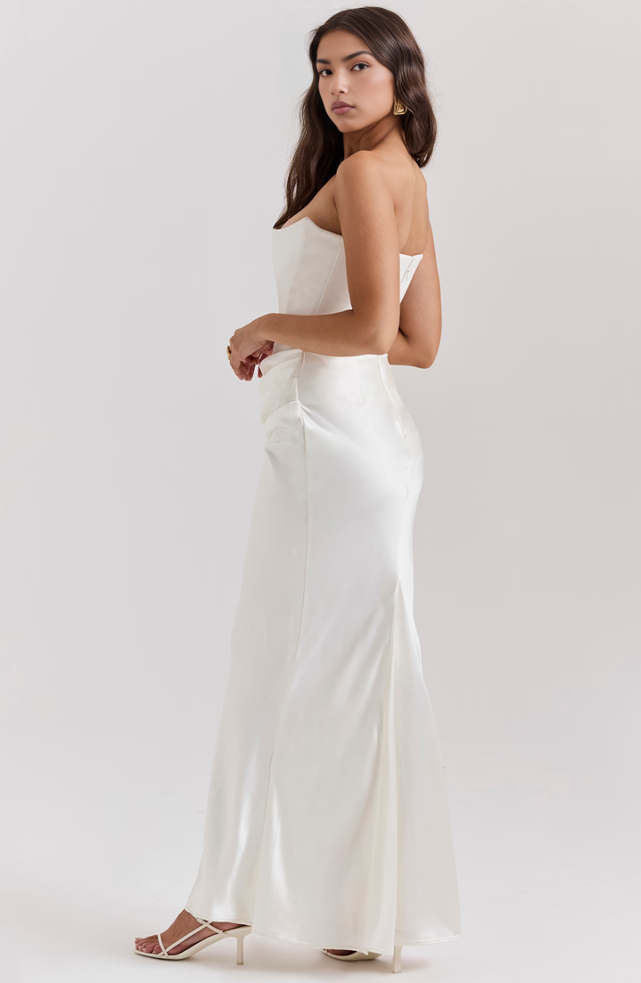 STRAPLESS CORSET SATIN WEDDING GUEST MAXI DRESS