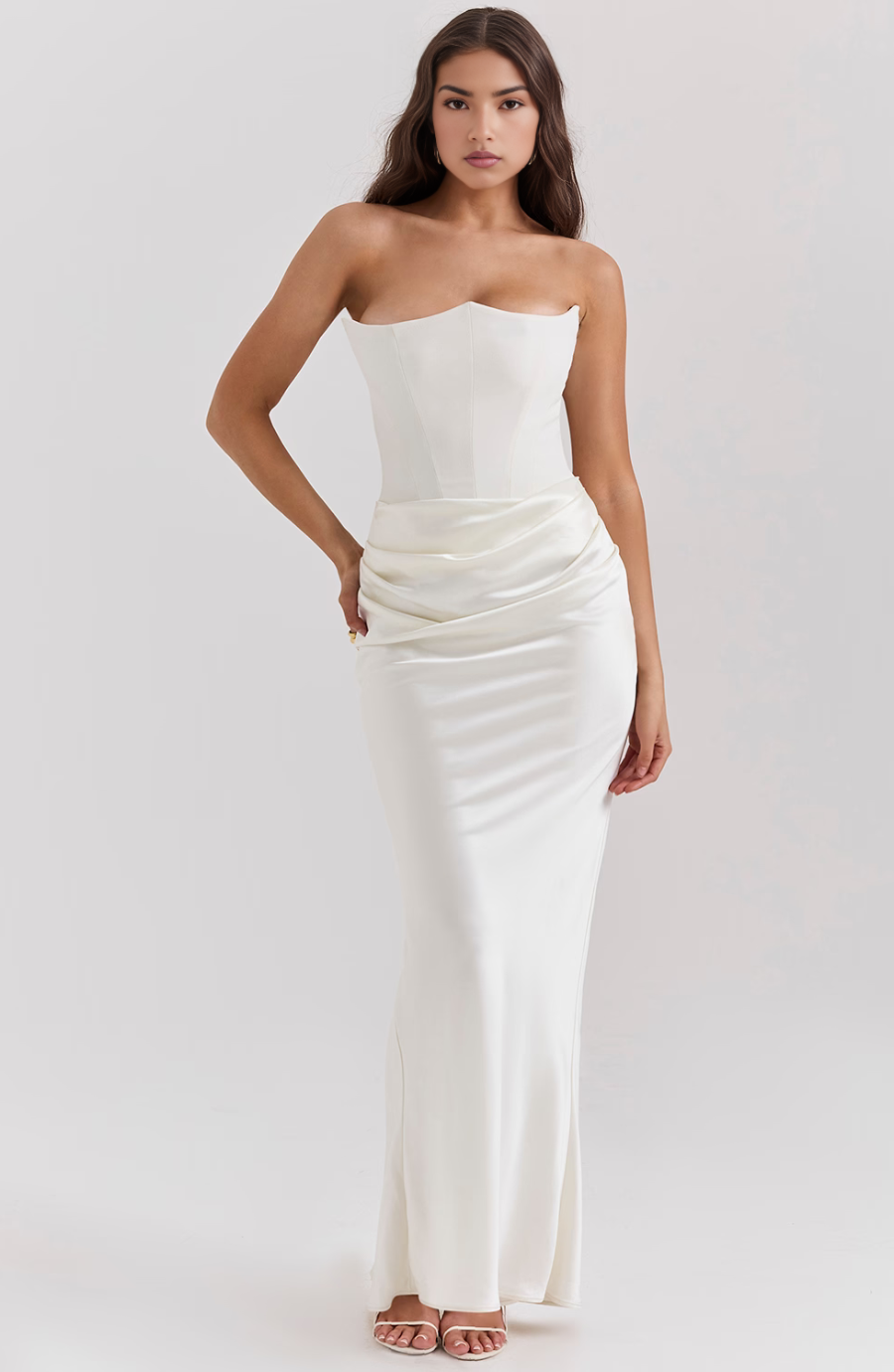 STRAPLESS CORSET SATIN WEDDING GUEST MAXI DRESS