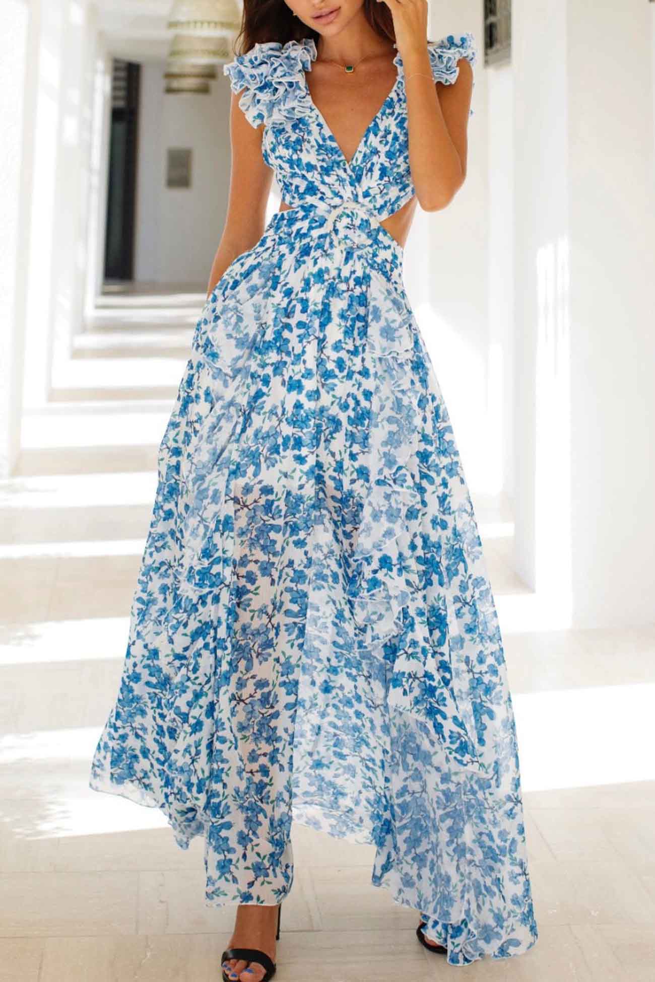 Women's Floral Maxi Dress With Cut-out Waist & Ruffled Shoulders