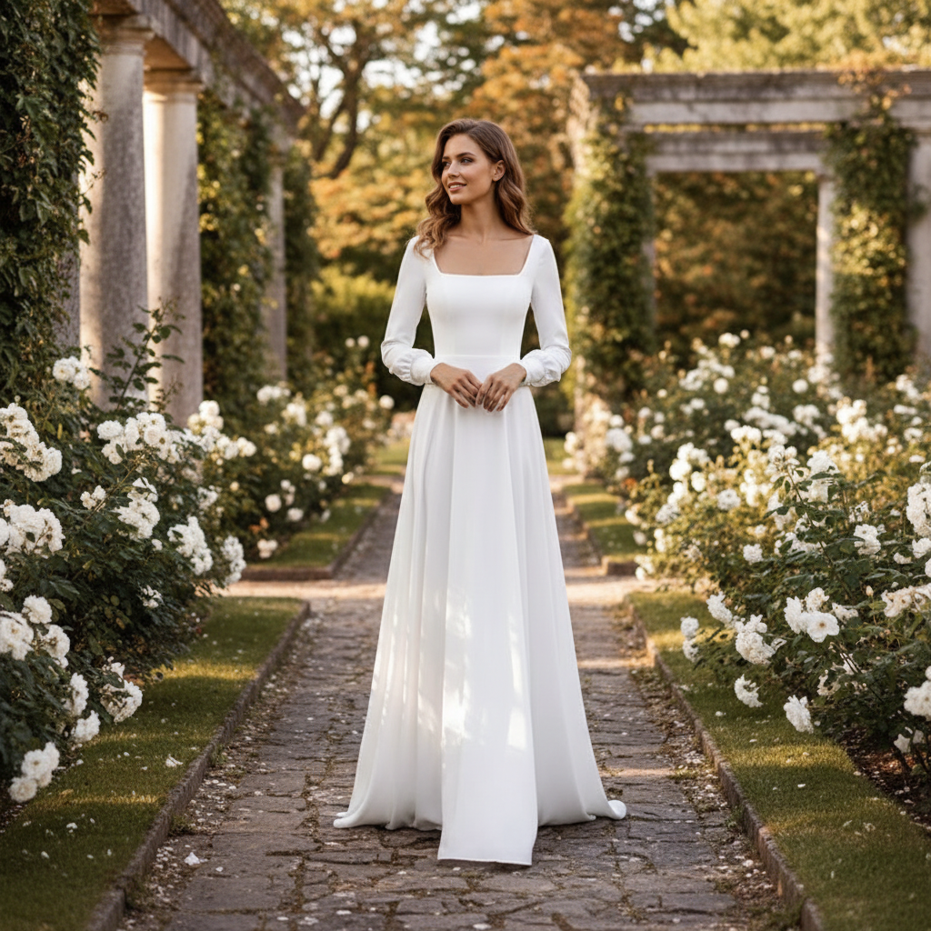 Florence | Women's White A-Line Maxi Dress With Square Neck And Flowing Skirt | Classic