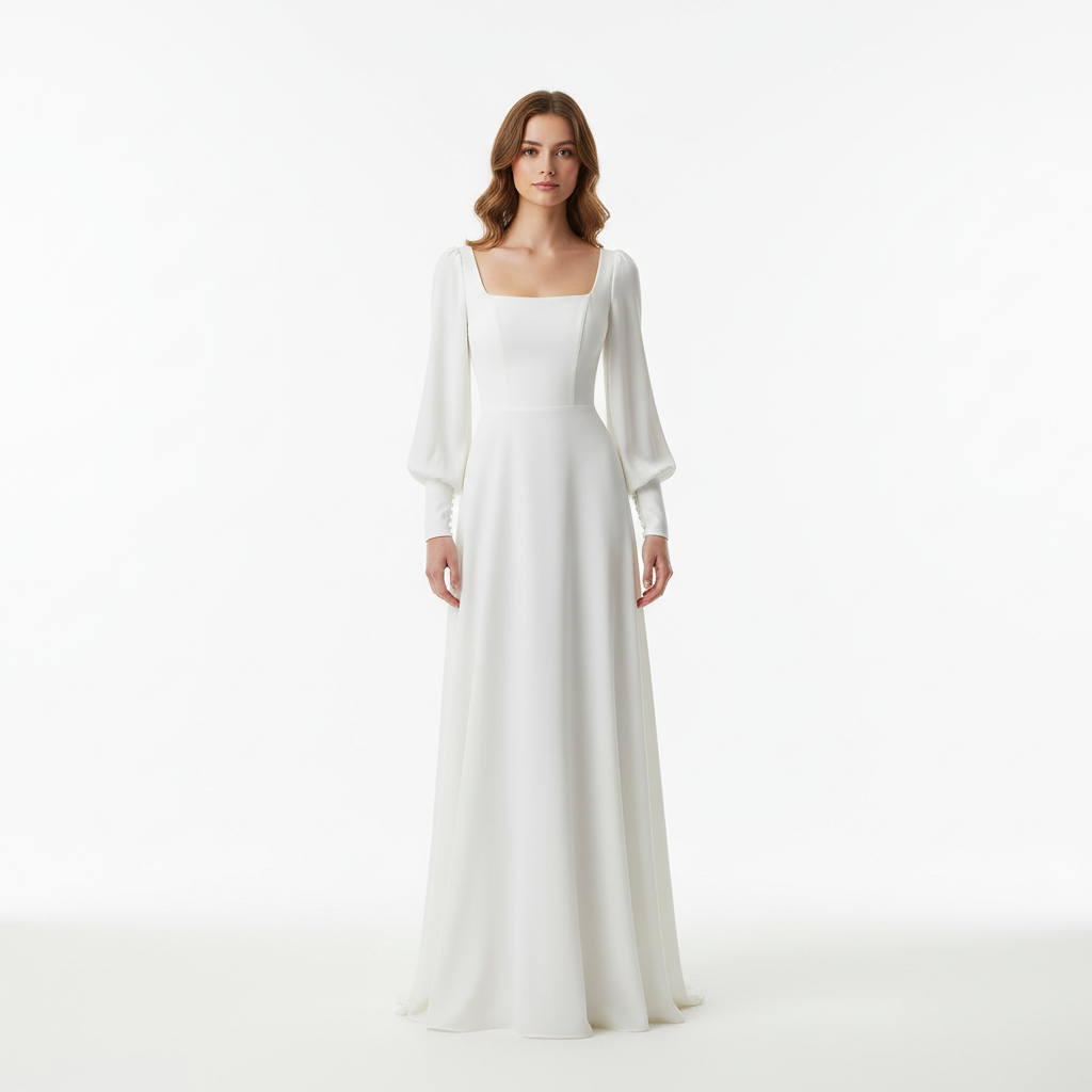 Florence | Women's White A-Line Maxi Dress With Square Neck And Flowing Skirt | Classic