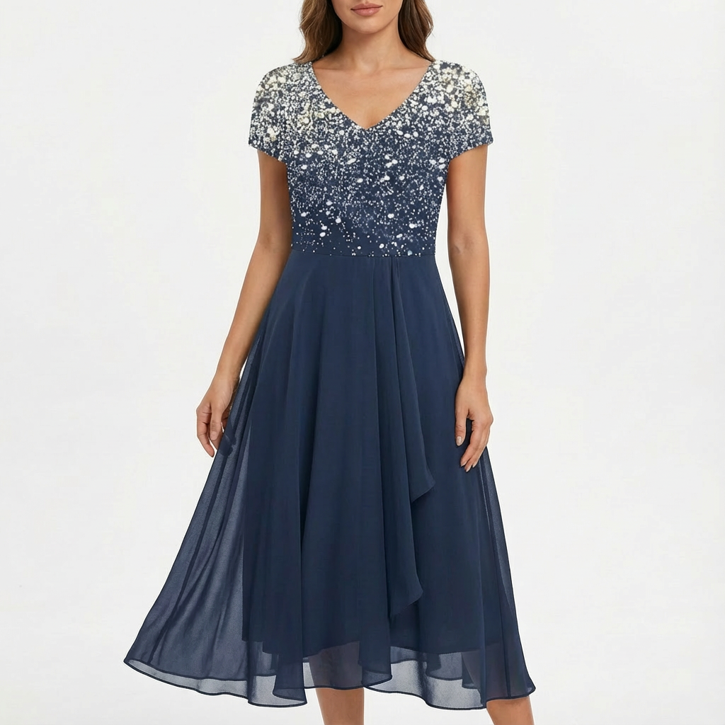 Florence | Women's Midi Dress With V-Neckline And Floral Bodice | Elegant