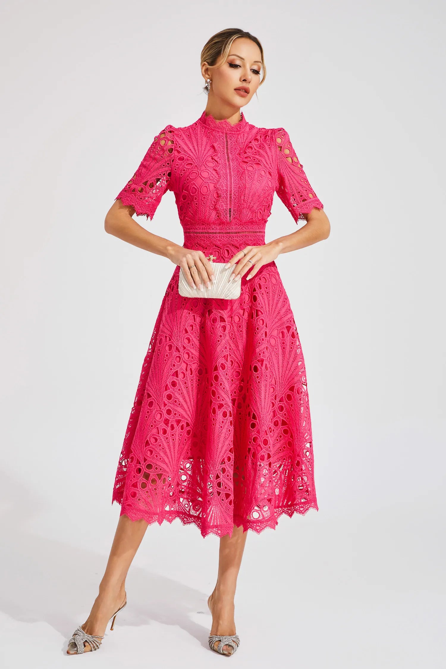 Women's Lace Midi Dress With High Neck And Short Sleeves