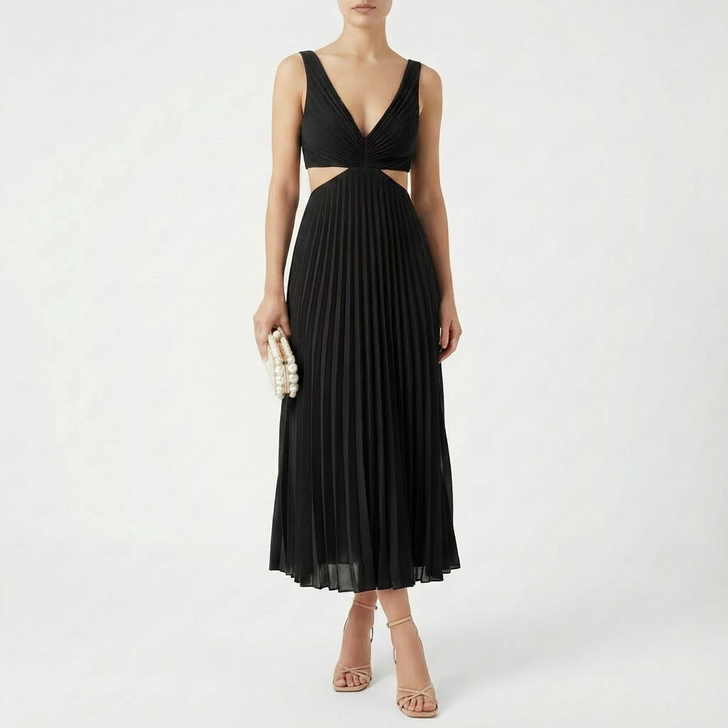 Freya | Women's Midi Dress With Deep V-Neck And Accordion Pleats | Romantic