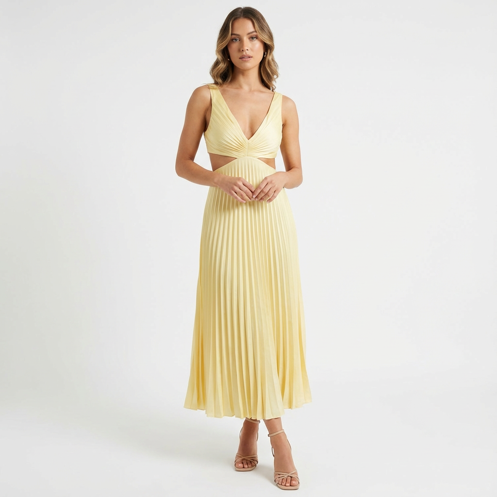 Freya | Women's Midi Dress With Deep V-Neck And Accordion Pleats | Romantic