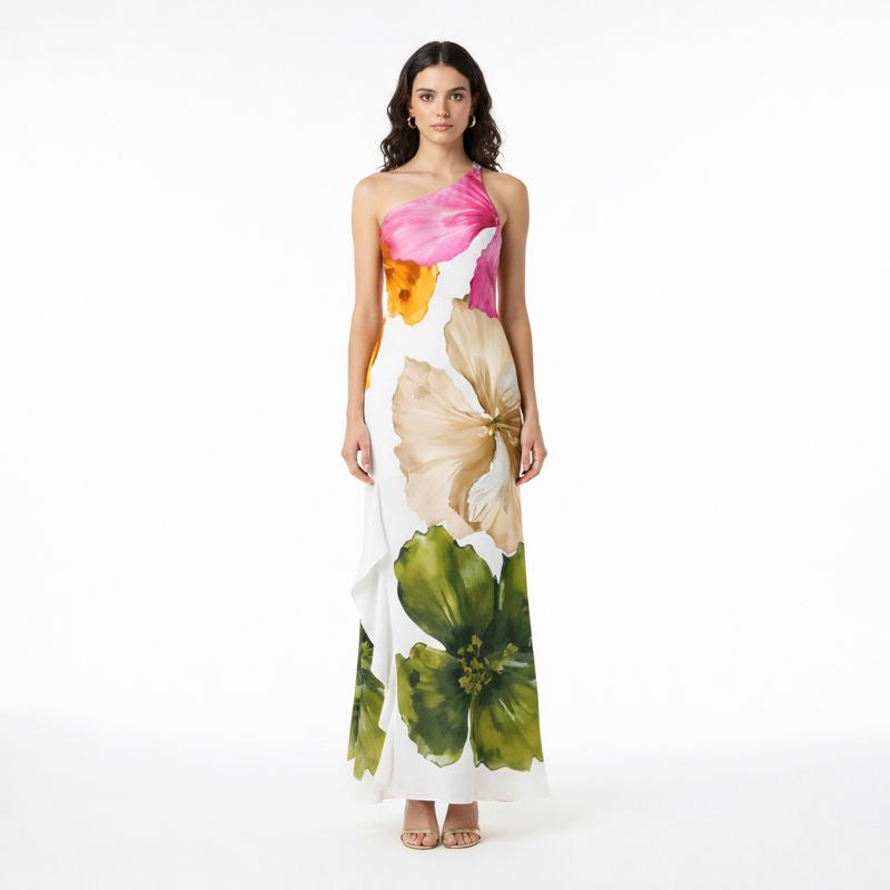 Freya | Women's One-Shoulder Maxi Dress With Floral Print And Cascading Ruffle | Chic