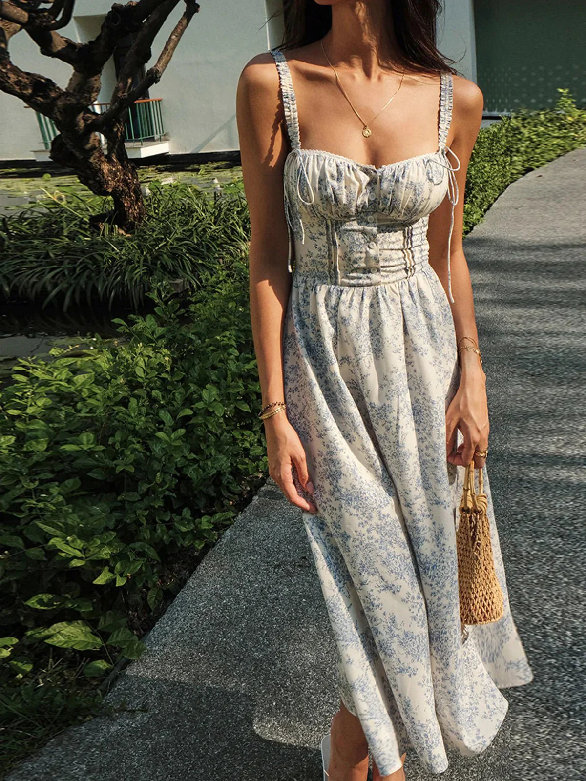 Women's Floral Midi Summer Dress With Corset Waist And Tie Straps