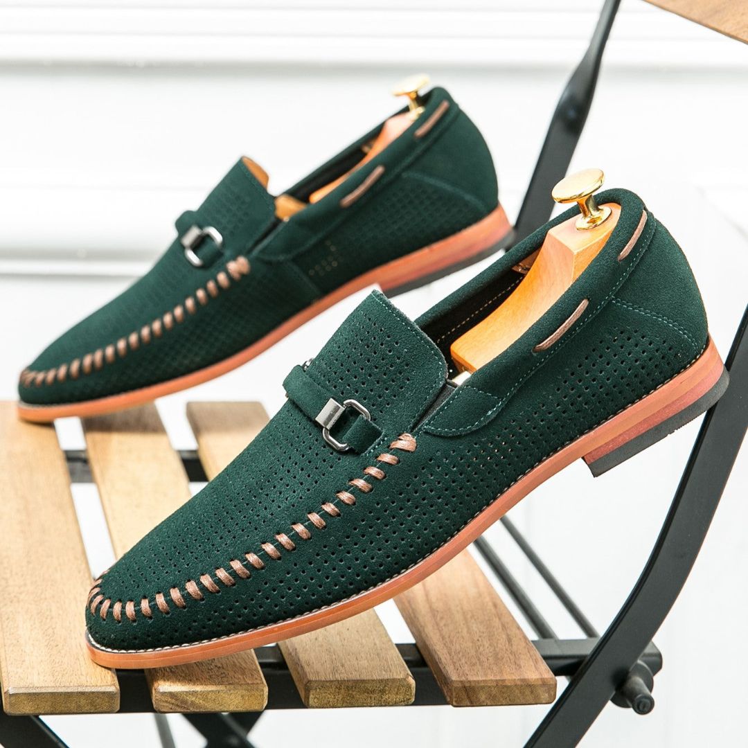 Men's Handstitched Suede Loafers With Metal Clasp