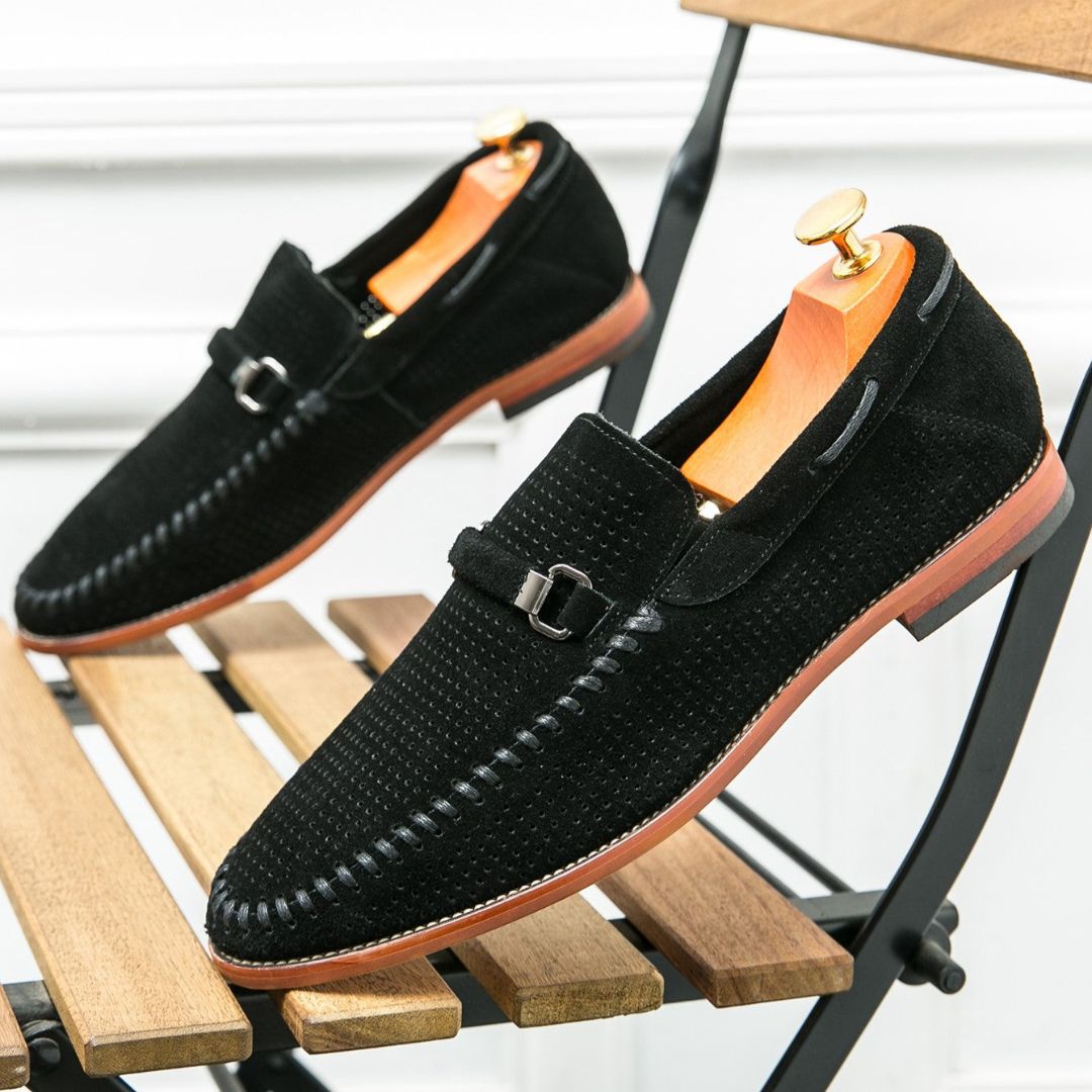 Men's Handstitched Suede Loafers With Metal Clasp