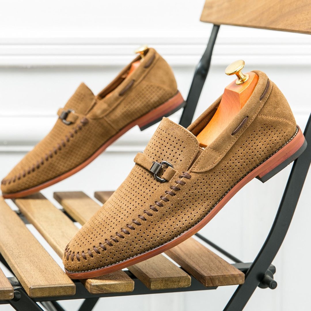 Men's Handstitched Suede Loafers With Metal Clasp