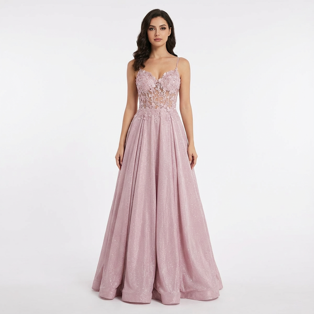 Grace | Women's Pink A-Line Maxi Dress With Lace Detail And Glitter Hem | Elegant