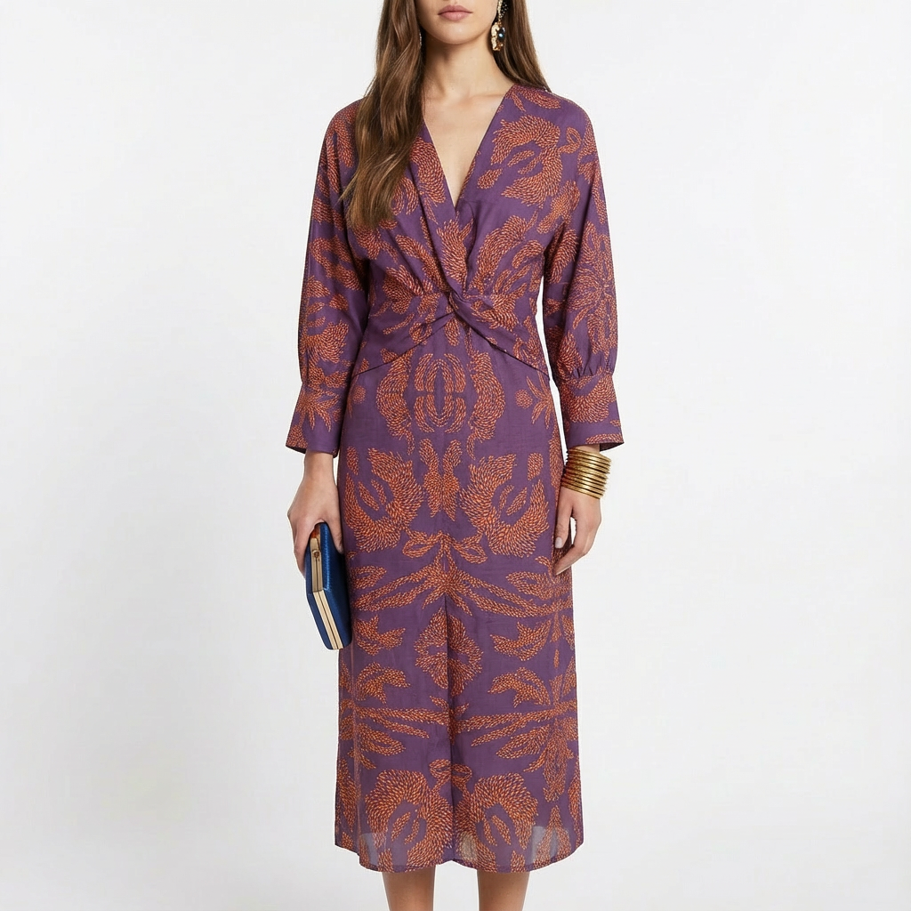 Grace | Women's Midi Dress With Deep V-Neck And Twist Front Detail | Elegant