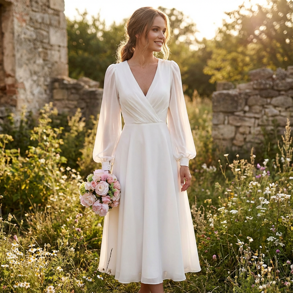 Grace | Women's White Midi Dress With Wrap Bodice And Sheer Sleeves | Elegant