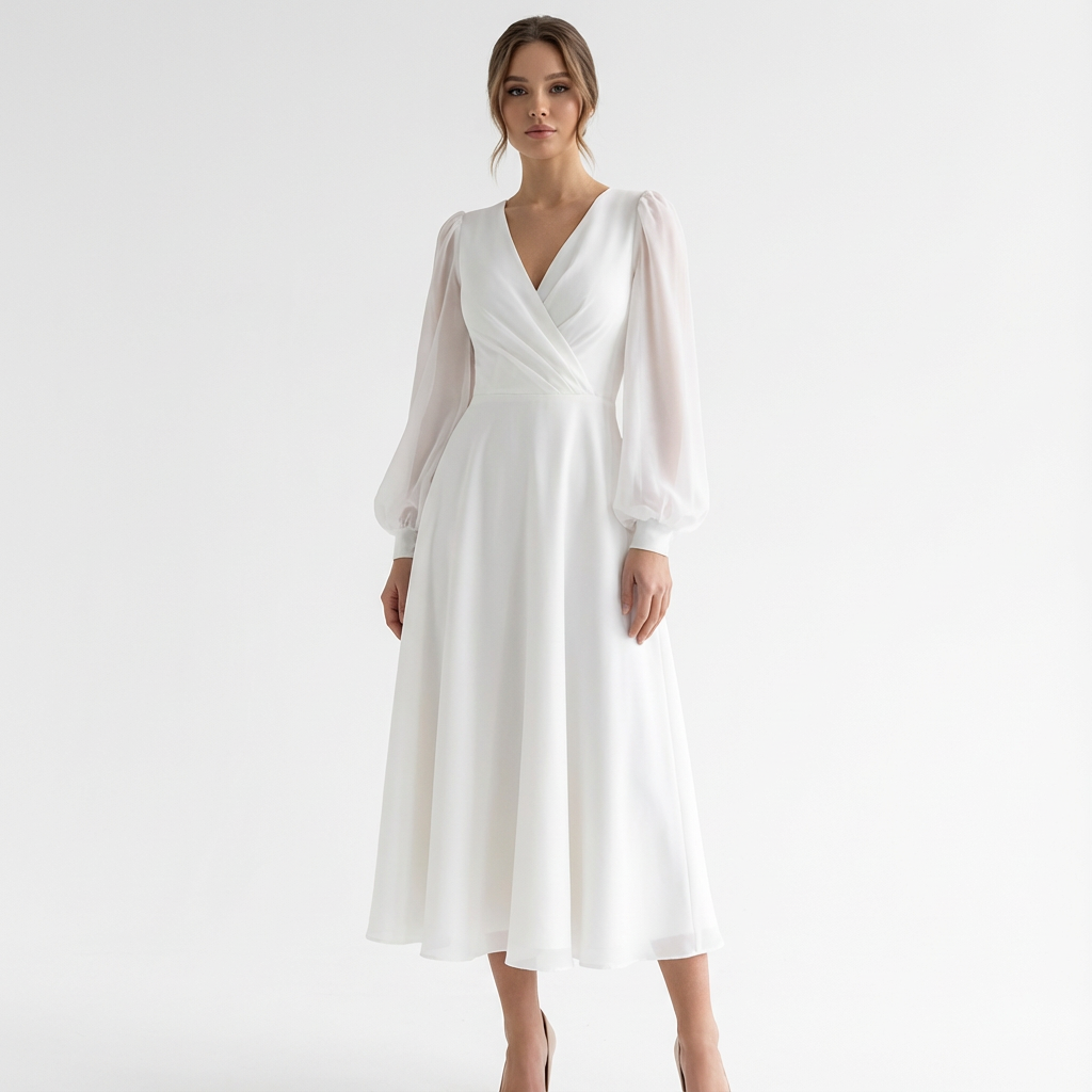 Grace | Women's White Midi Dress With Wrap Bodice And Sheer Sleeves | Elegant