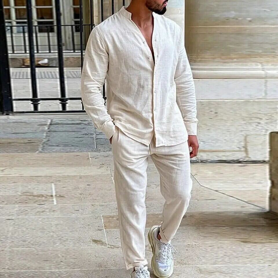 Men's Linen Casual Two-piece Set With Long Sleeve Shirt & Trousers