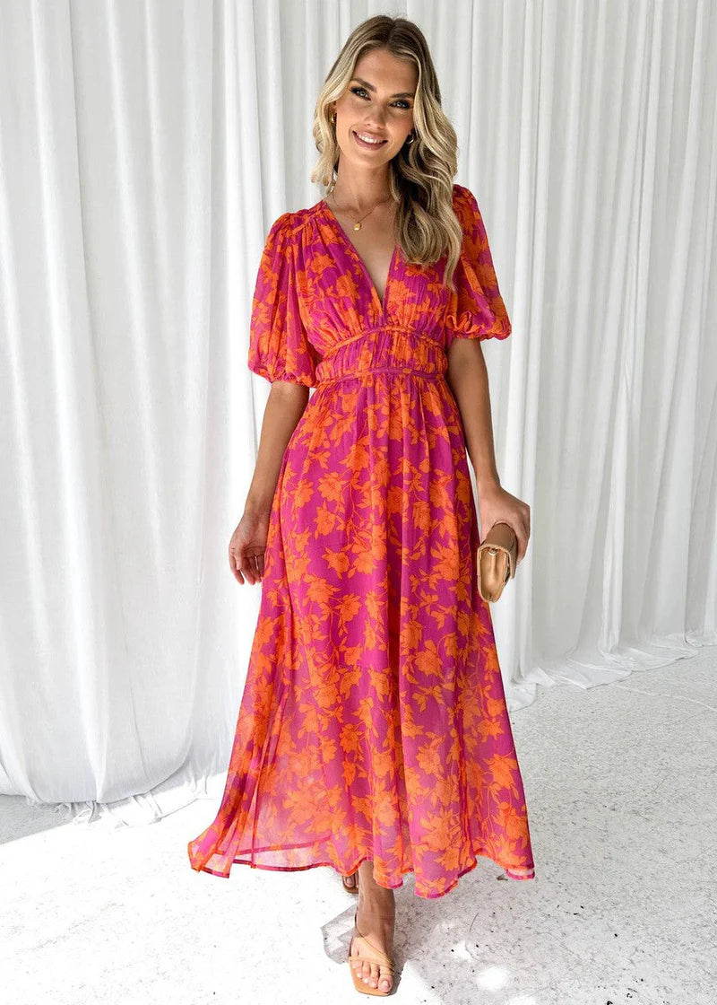 Women's Floral Midi Dress With V-neck & Puff Sleeves