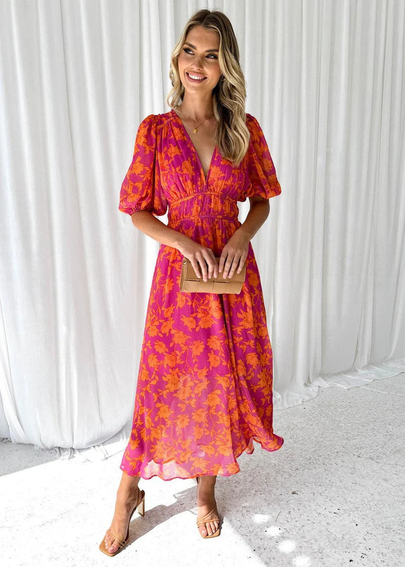 Women's Floral Midi Dress With V-neck & Puff Sleeves